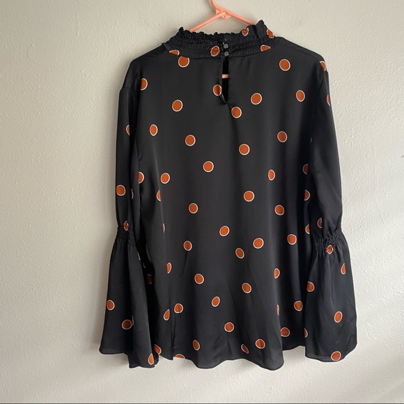 Waverly Grey Black With Orange Polka Dots Mock Neck Bell Sleeve Blouse Medium - Picture 6 of 9
